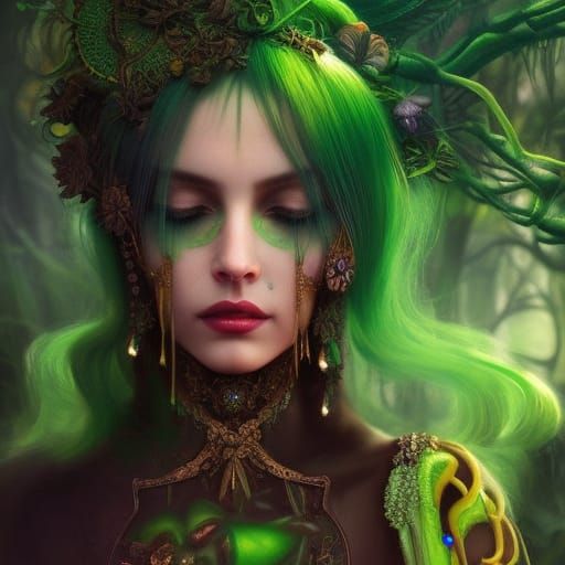 Beautiful Celtic priestess dressed in green velvet dress, in a mystical ...