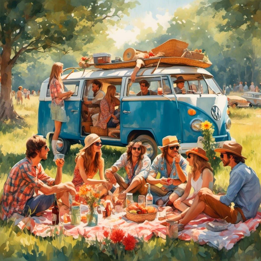 a group of hippies dressed in 1960s style are having a picnic next to a VW van.  Ils summertime they have flowers in their hair and smoke an...