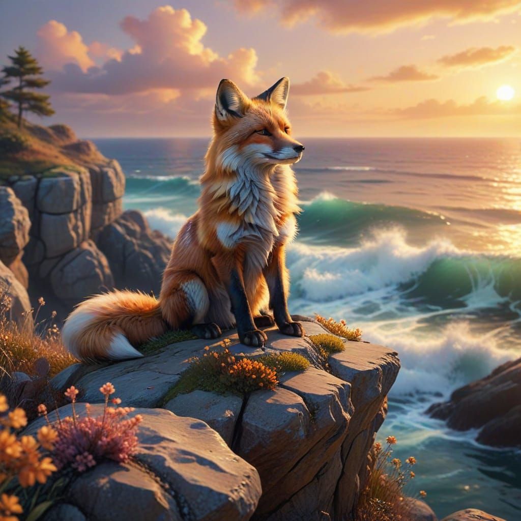 A fox sitting on a cliff, overlooking the ocean.  by @Maariah Dajoon 