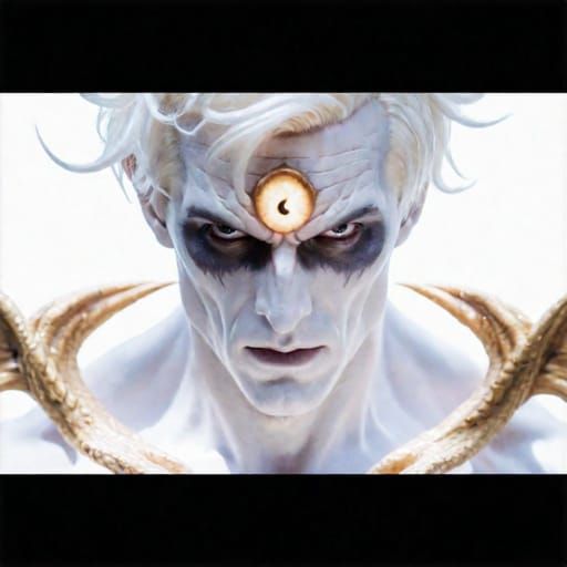 Handsome scary evil deity man as a humanized nigh omnipotent true form Arceus fully powering up himself.