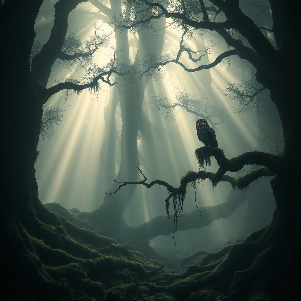 A dense, ancient forest shrouded in thick, swirling fog. Sunlight filters through the canopy in ethereal ...  by @Silphir