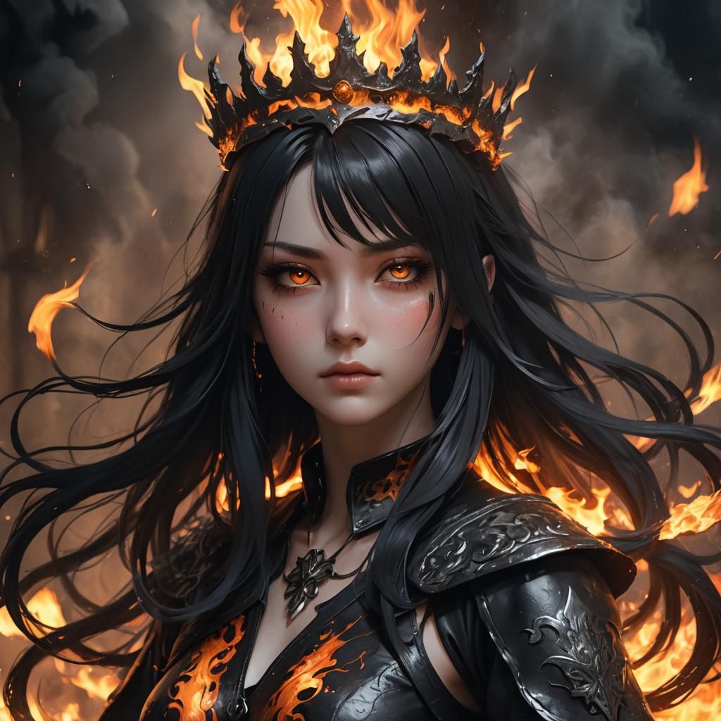 Coal Girl with Flaming Crown in Anime Style