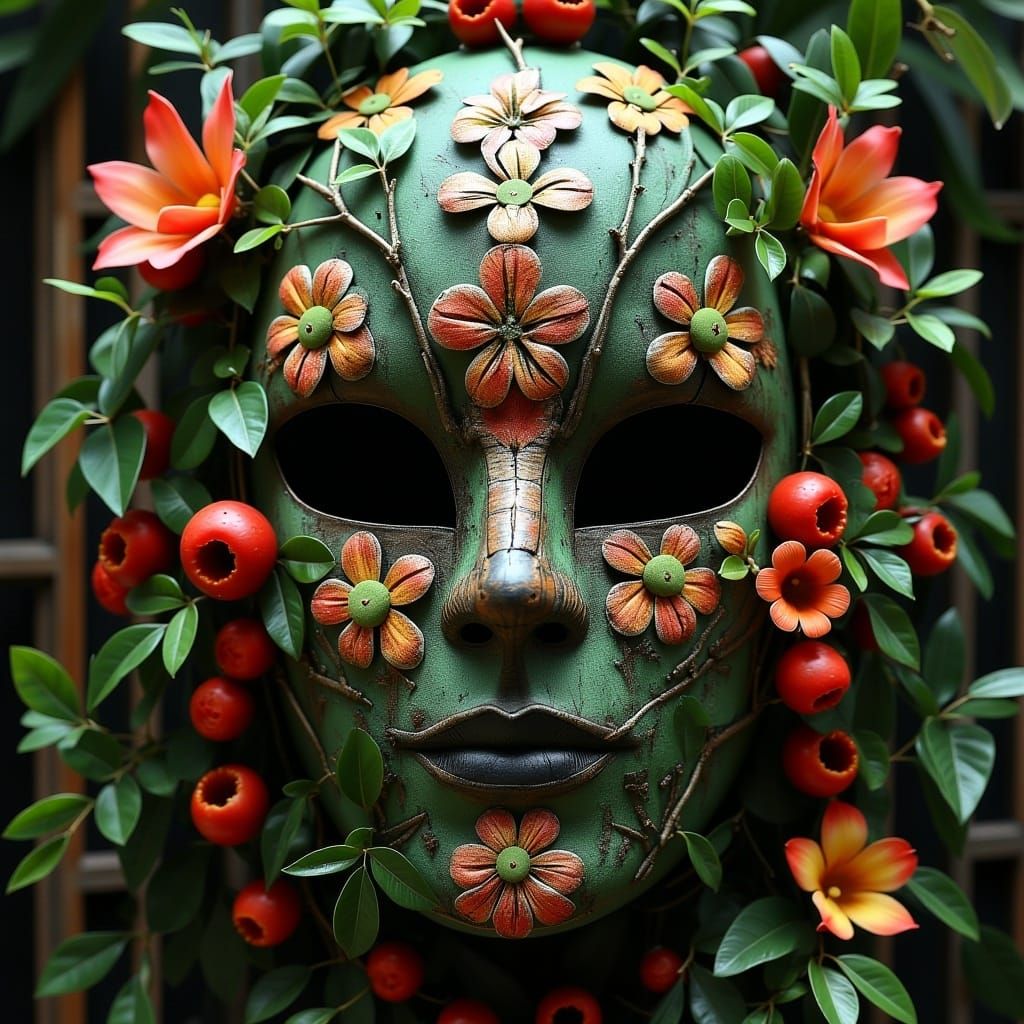 <lora:MJ6 FluxMasks:1.0> 
Jungle Jamboree: A mask inspired by the lush foliage of the jungle, with leaves, vines, and exotic flowers adornin...