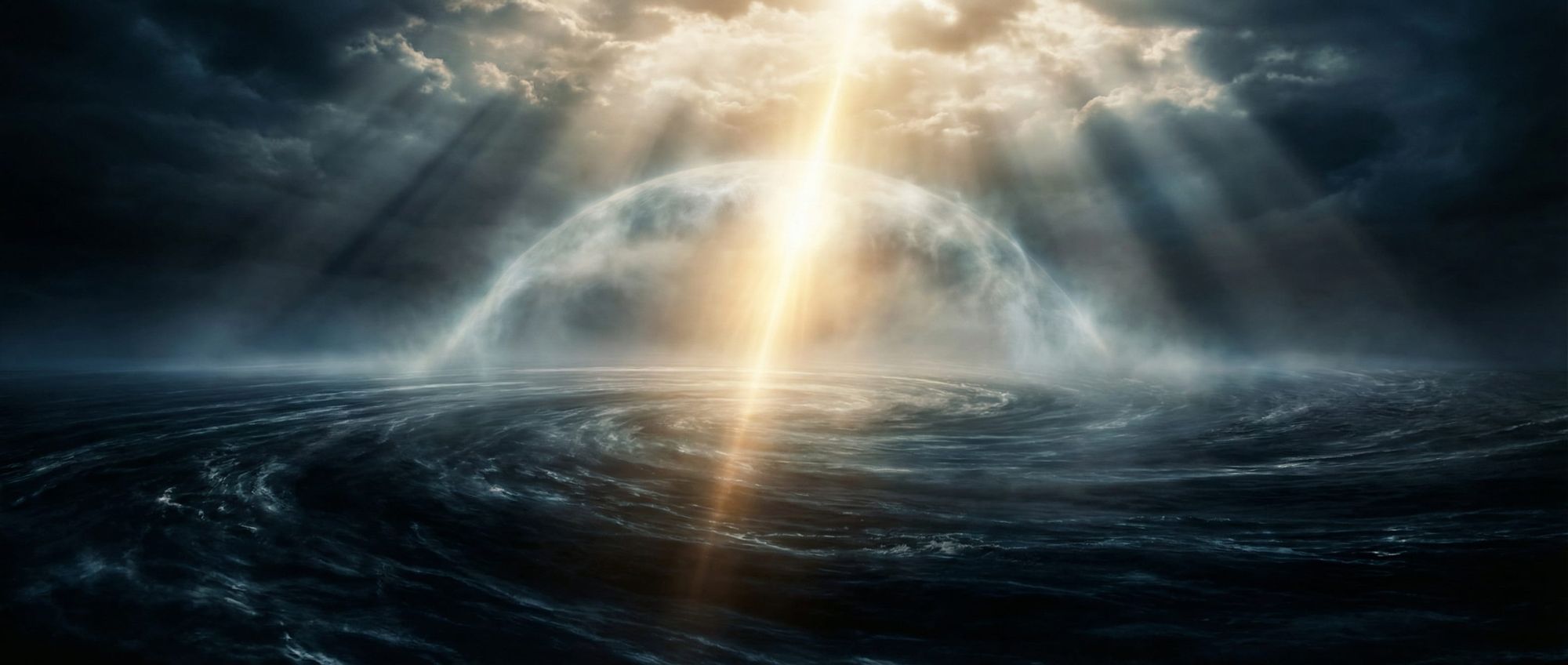 Cosmic creation scene — the void before time, swirling darkness over infinite ocean, divine energy moving across the waters.  
A powerful bu...