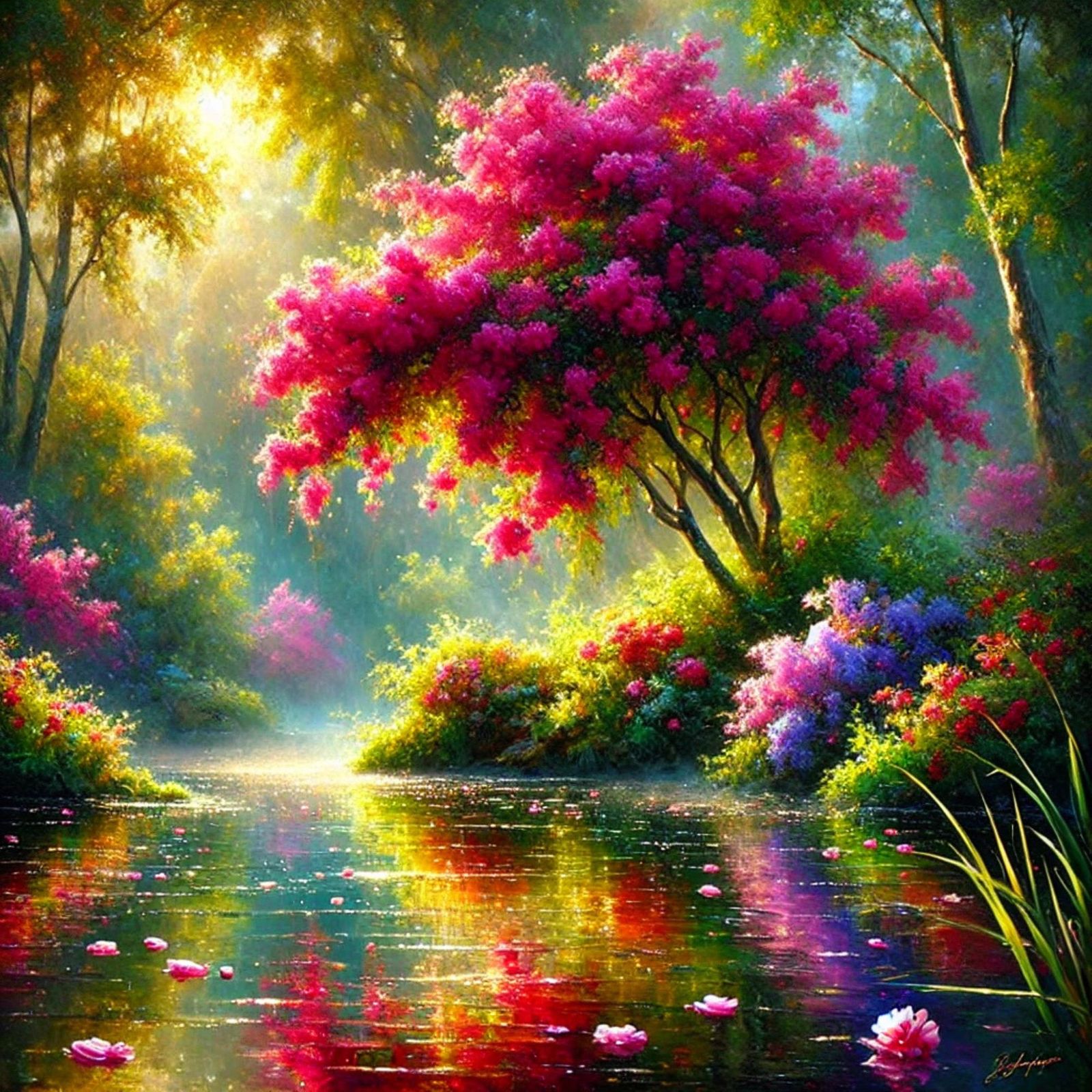 Tranquil lakeside bathed in golden light, surrounded by vibrant pink blossoms  by @Sutton