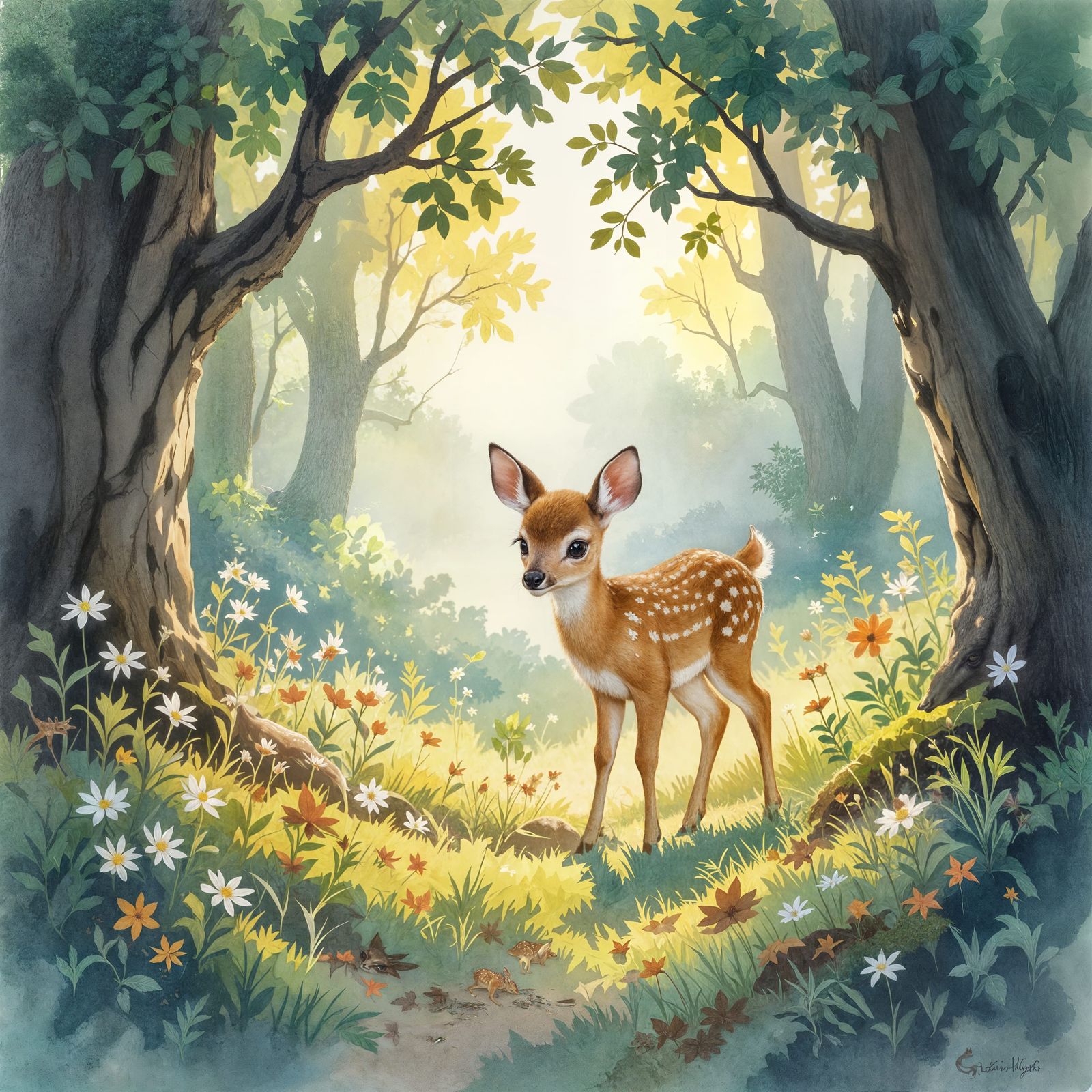 A gentle fawn cautiously steps into a sun-dappled clearing, its large eyes wide with curiosity. Soft ...  by @H