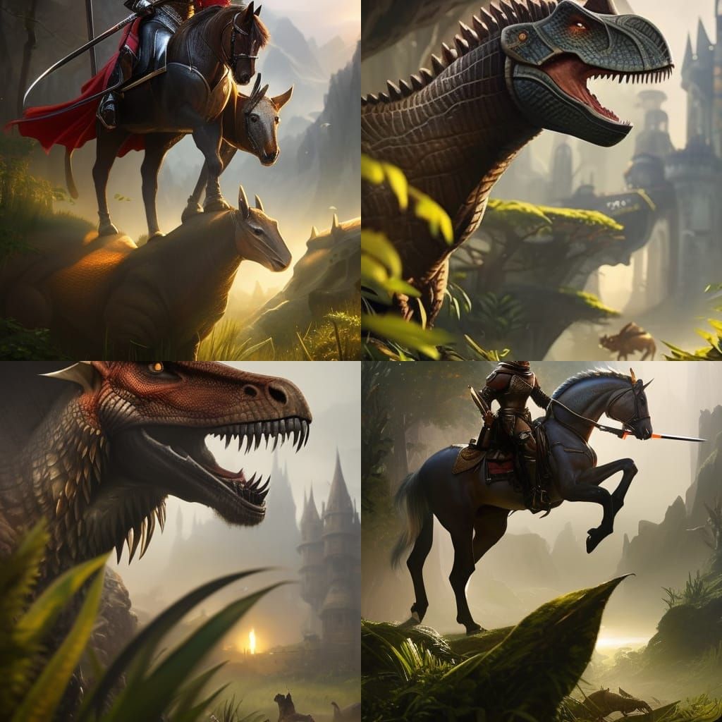Medieval Knight meet aTyrannosaurus animal portrait, 8k reso...