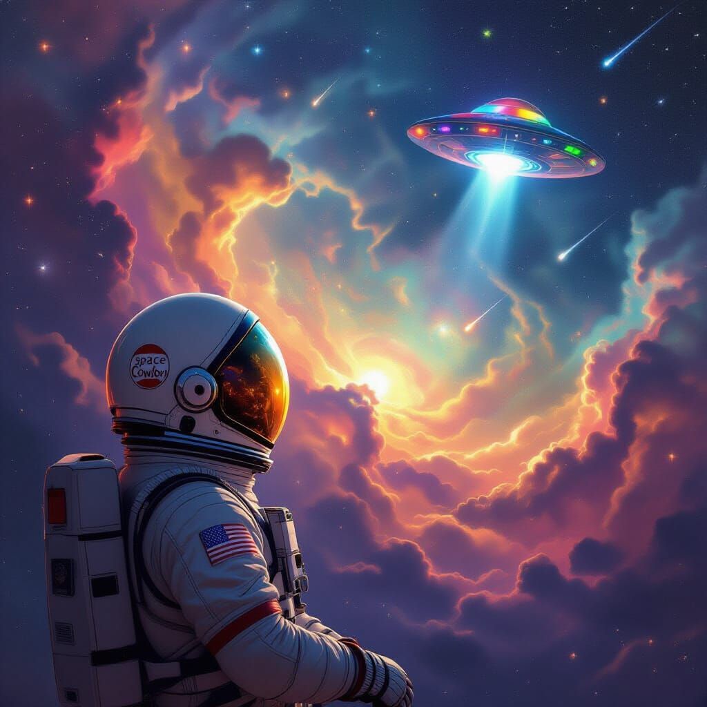 A lone astronaut in a retro-futuristic spacesuit gazes out at a swirling nebula of vibrant cosmic dust and distant stars. The scene is rende...