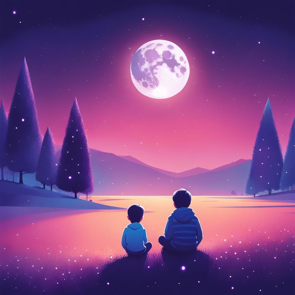 Lonely Child Under Moon, Monochromatic Digital Art