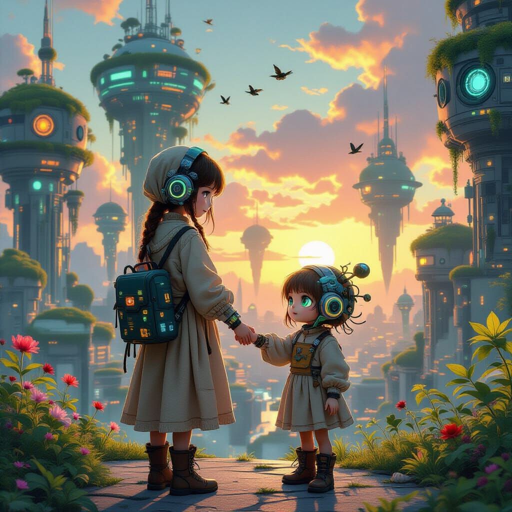 Cyberpunk Amish Sisters in Solarpunk City