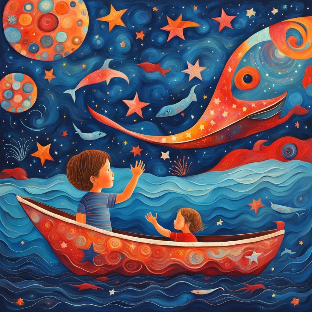A little girl stretches her hand to the sky, a girl in a boa...