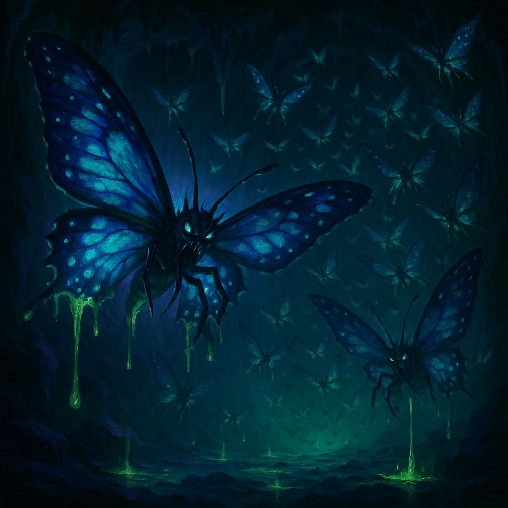 otherworldly Poisonous cavern butterflies with bioluminescen...
