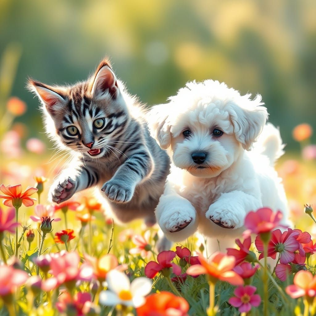 A puppy and kitten having fun
