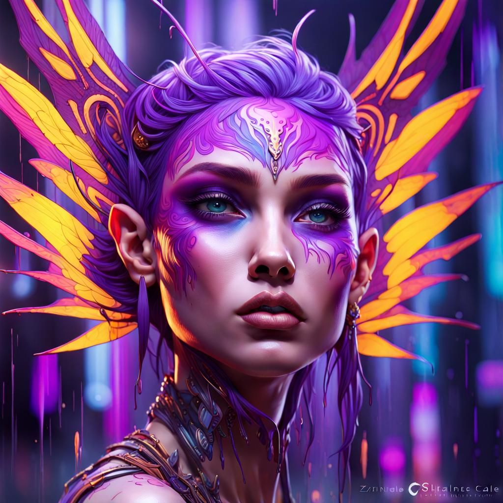 mystical stunningly beautiful dancing wild winged purple fae...
