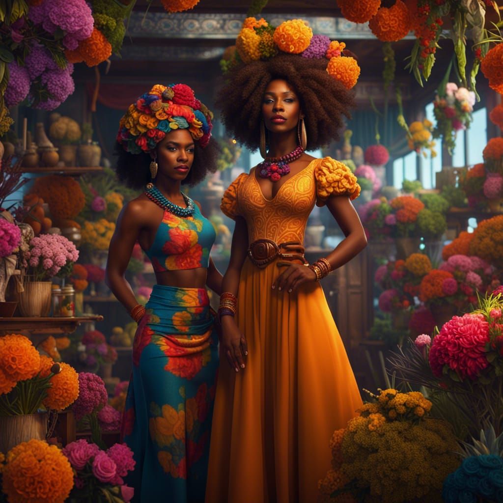 afro-american women dressed up , the background is floral sh...
