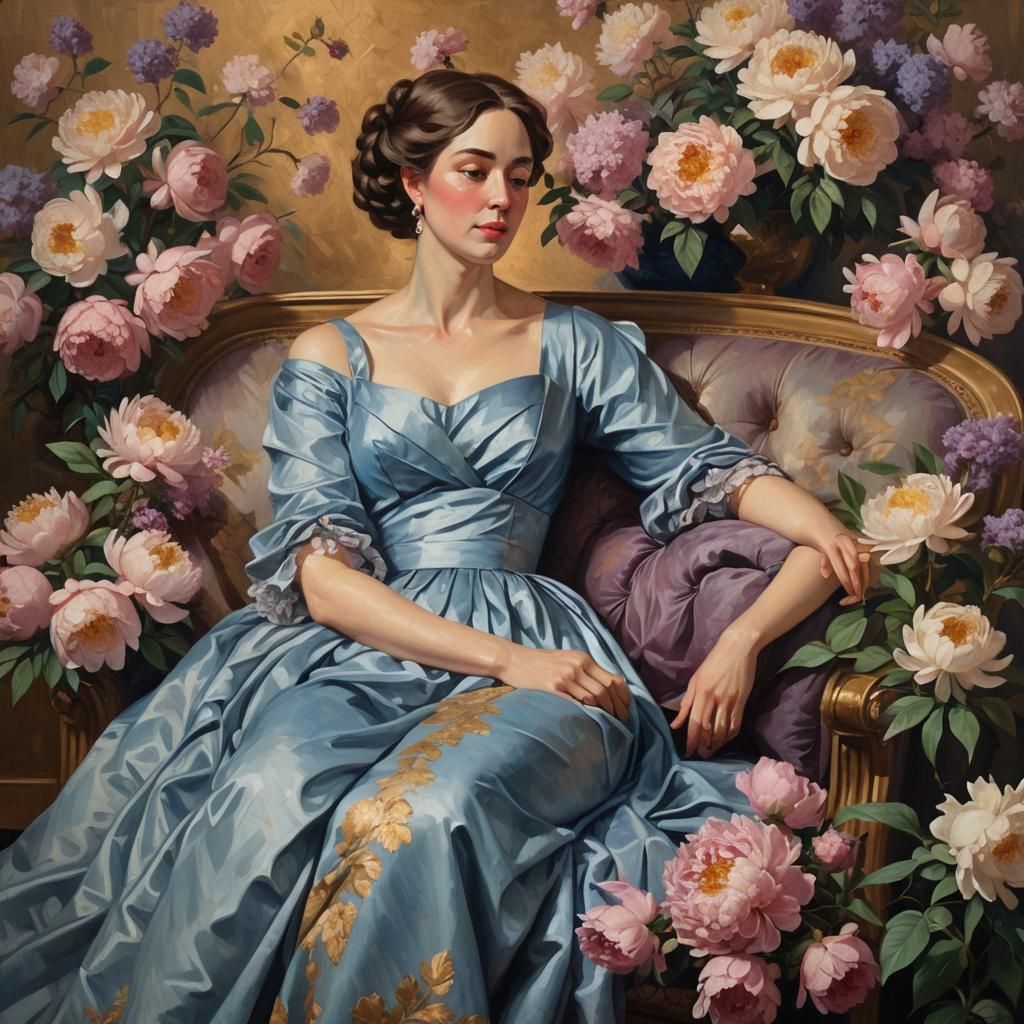 a impasto painting of a woman in a blue dress, reclining on a settee, a fine art painting, by François Joseph Heim, neoclassicism, sitting w...