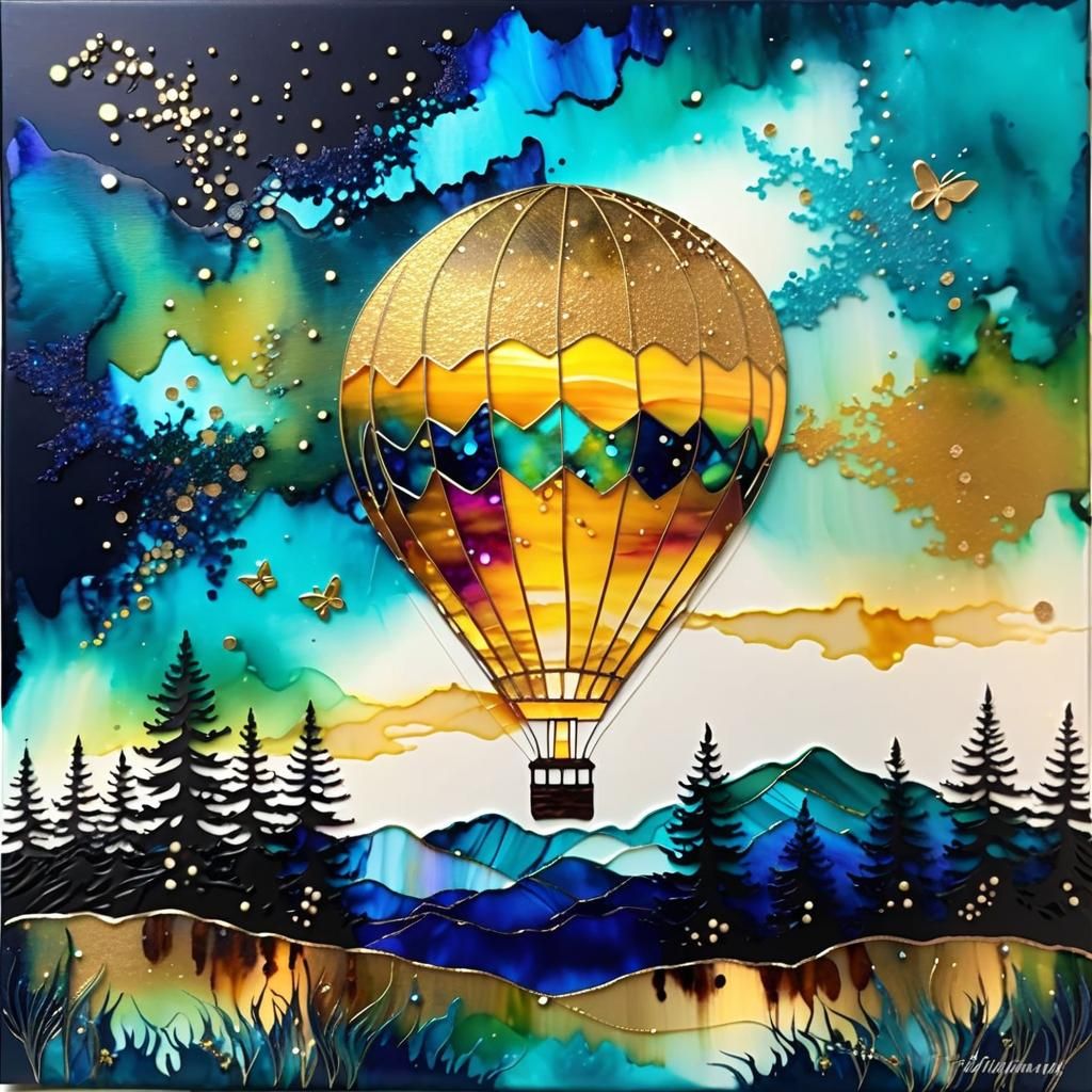One Hot air balloon,  Evening, fireflies   Alcohol ink. Silk...