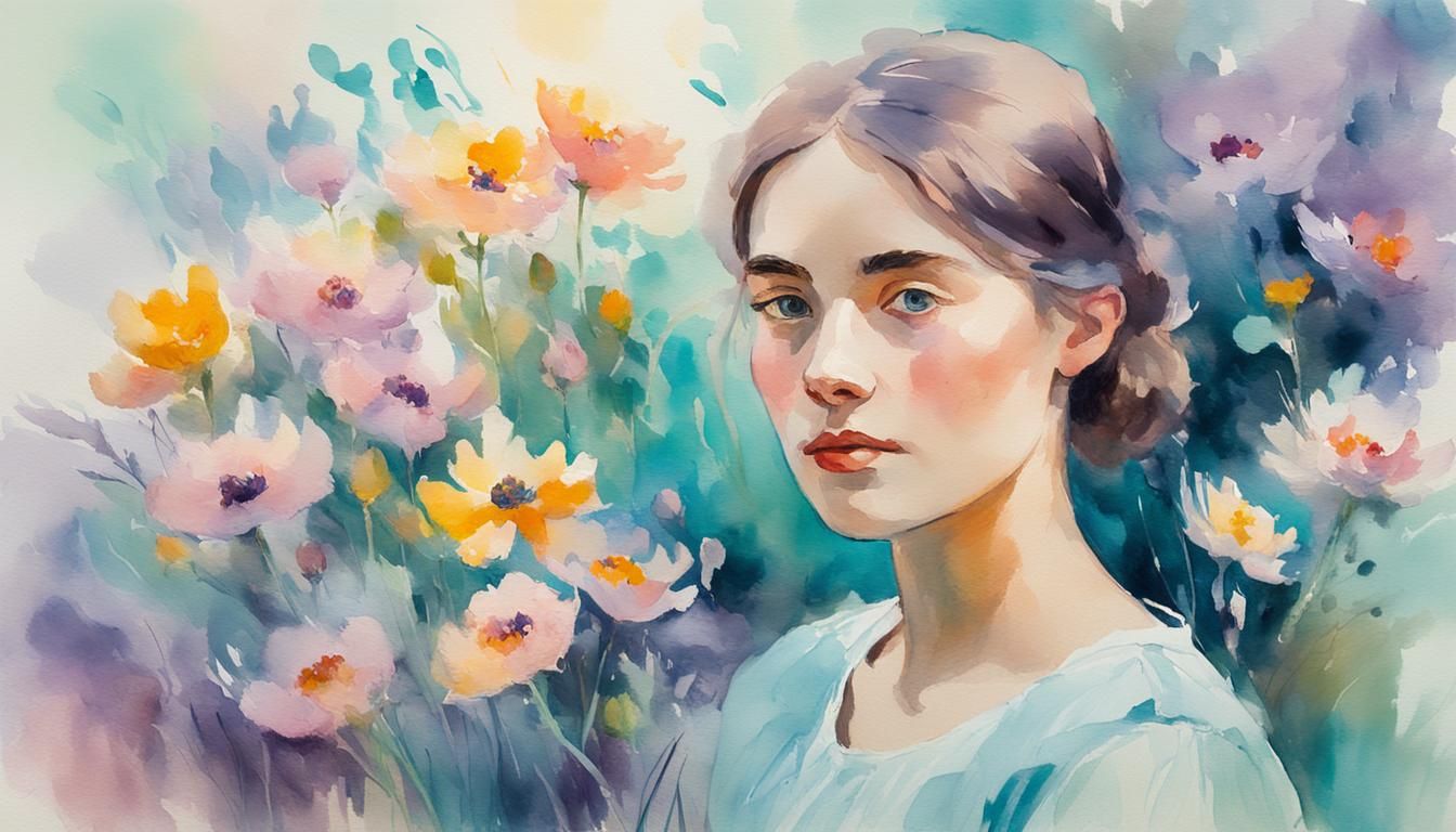 Dagmar Grill au milieu des fleurs d'été, en 1901, aquarelle, à la façon de Carl Larsson #suédois #aquarelle #rose #bleu_