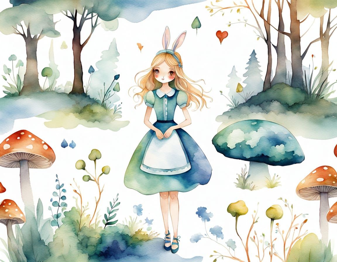 Whimsical Alice in Enchanted Forest Watercolor