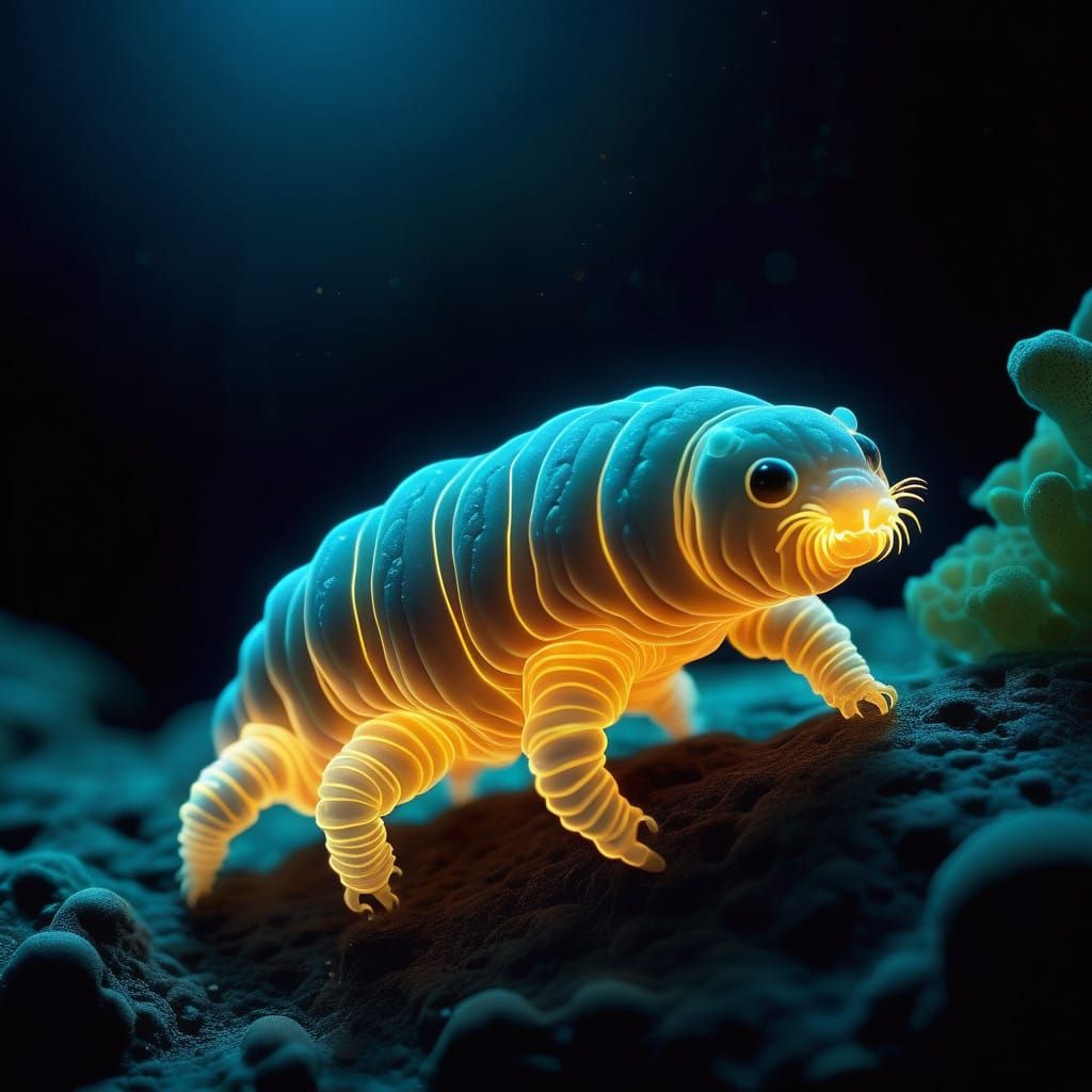 Microscopic creature bioluminescent tardigrade crawler   by @xtough 