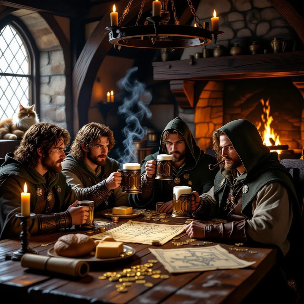  A close-up view of a rustic wooden tavern table inside a medieval inn, with Frodo, Sam, Merry, and Pippin sitting around it, raising mugs o...