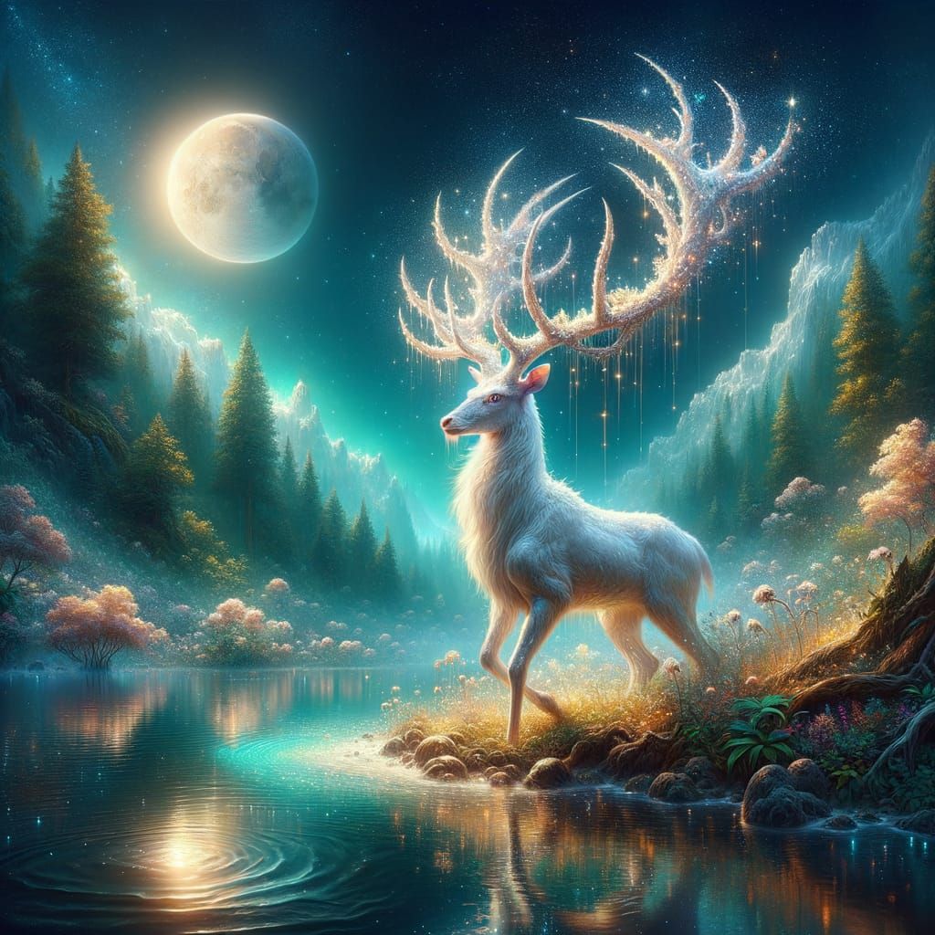 A White stag with antlers made of stardust stands in a moonlit lake, its reflection shimmering on the ...  by @Airblade