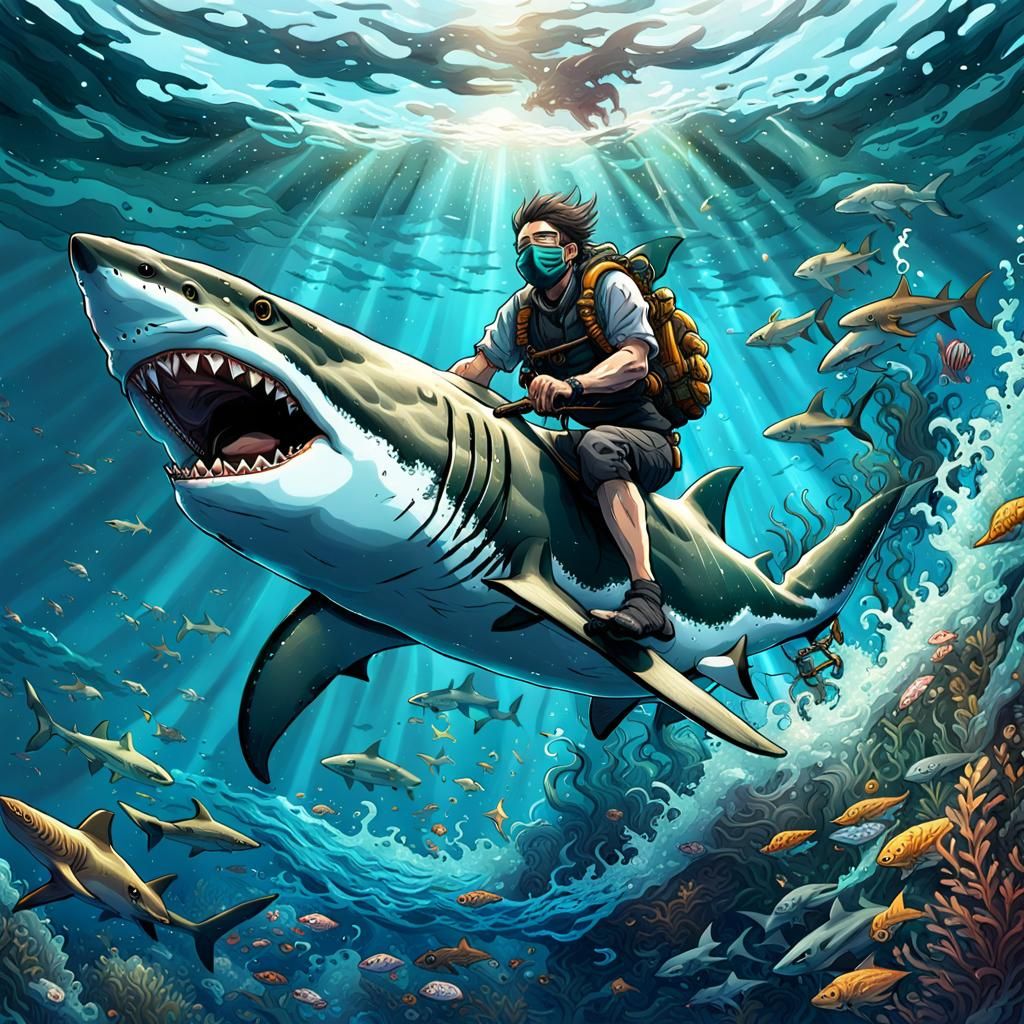 Riding a shark  by @Ghosty