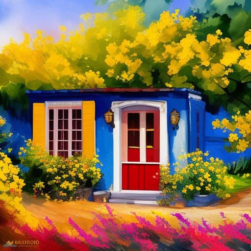 yellow flowers around a small house with red shutters