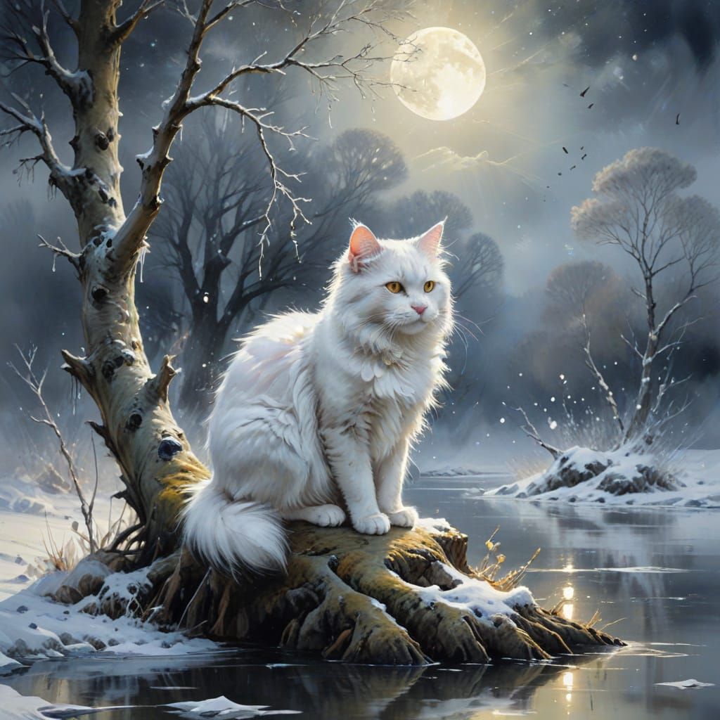  Angora cat contemplating ice on a frozen lake..