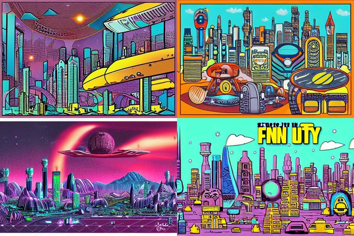 Sci-fi city in the style of Funk art