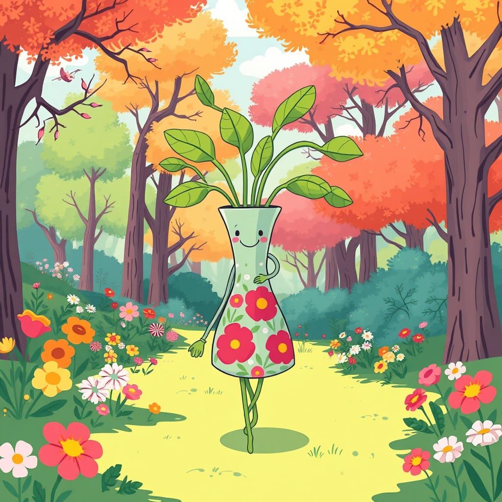 Living Vase with limbs and face walking in park 2D Cartoon Art Style  by @Ann