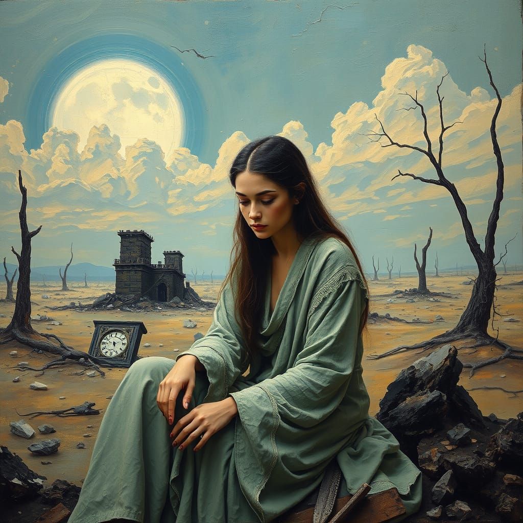Contemplative Woman in a Desolate Post-Apocalyptic Landscape