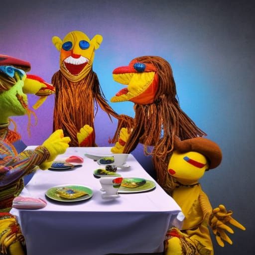 3 puppets sitting at a table set for eating; the puppet strings descend ...