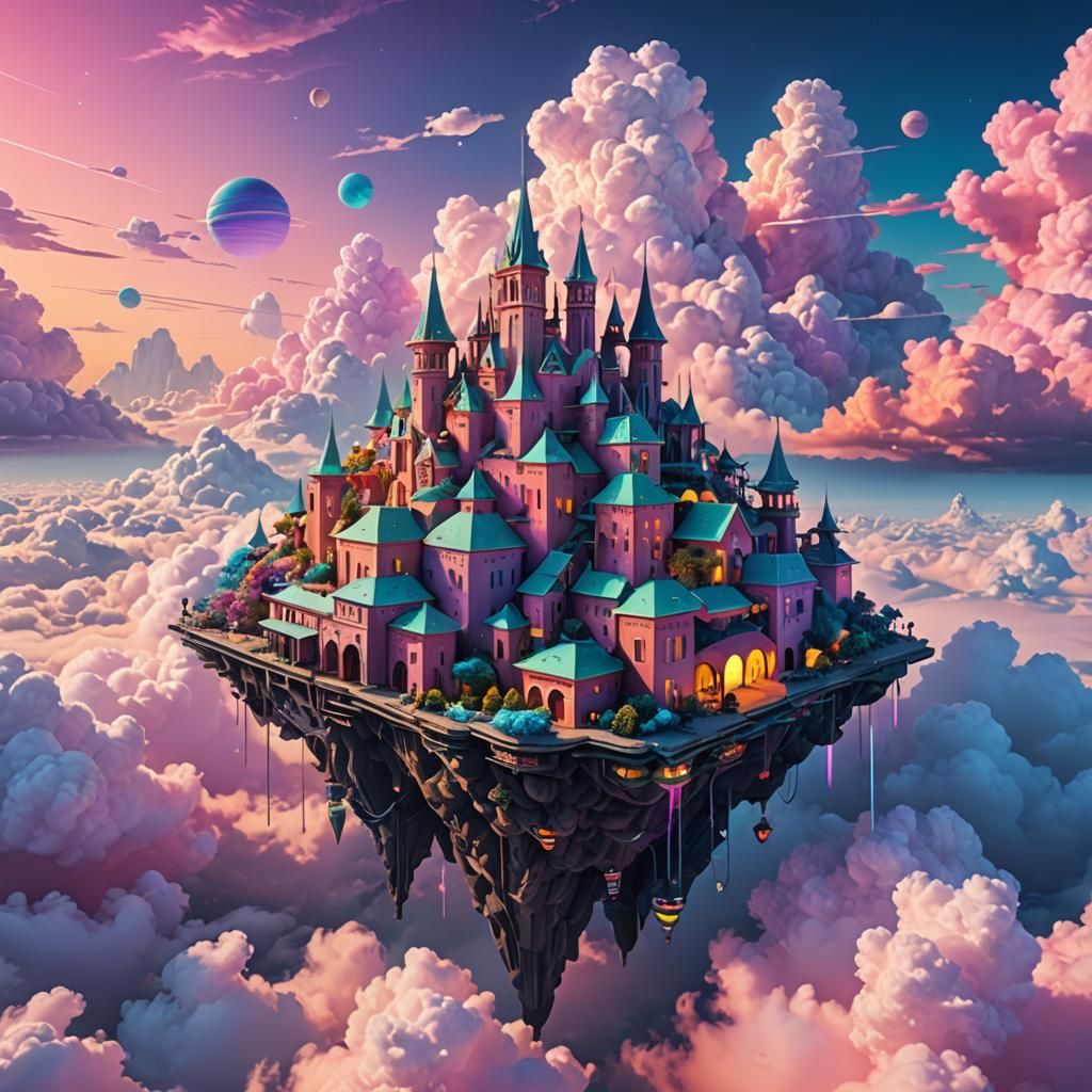 Surreal Dreamscape of Floating Structures in Pastel Neon