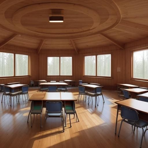 A classroom that is inside a wooden cabin that has the stude...