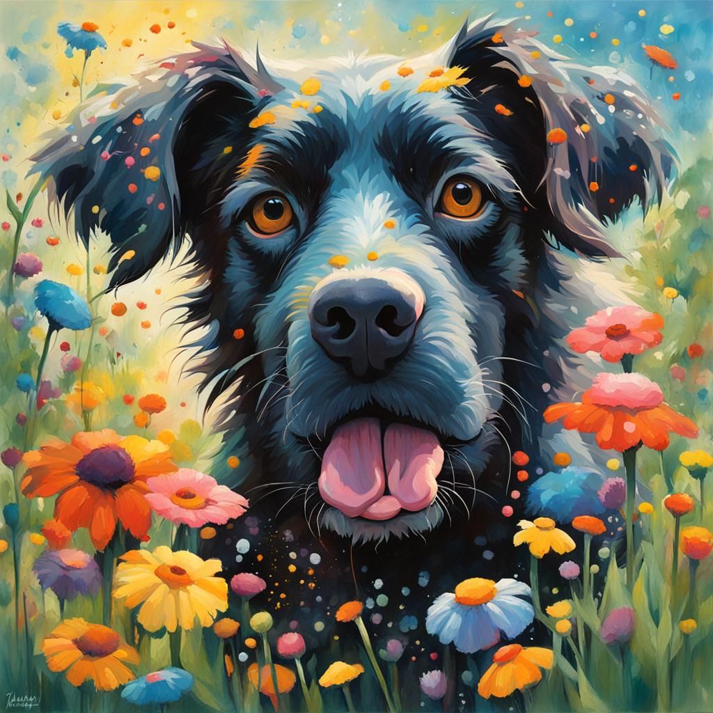 Painting of a whimsical dog in flowers