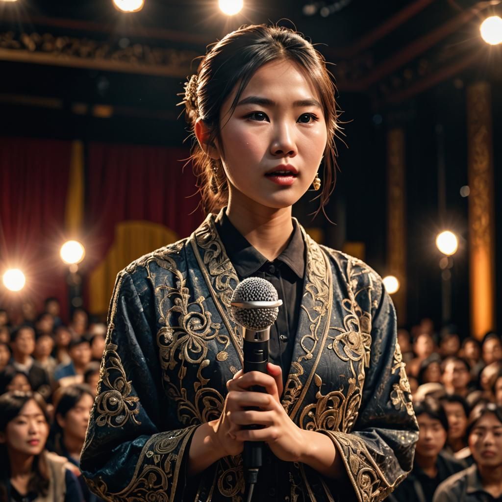 Very beautiful 20 year old Asian lady holding a microphone about to step out on brightly lit stage