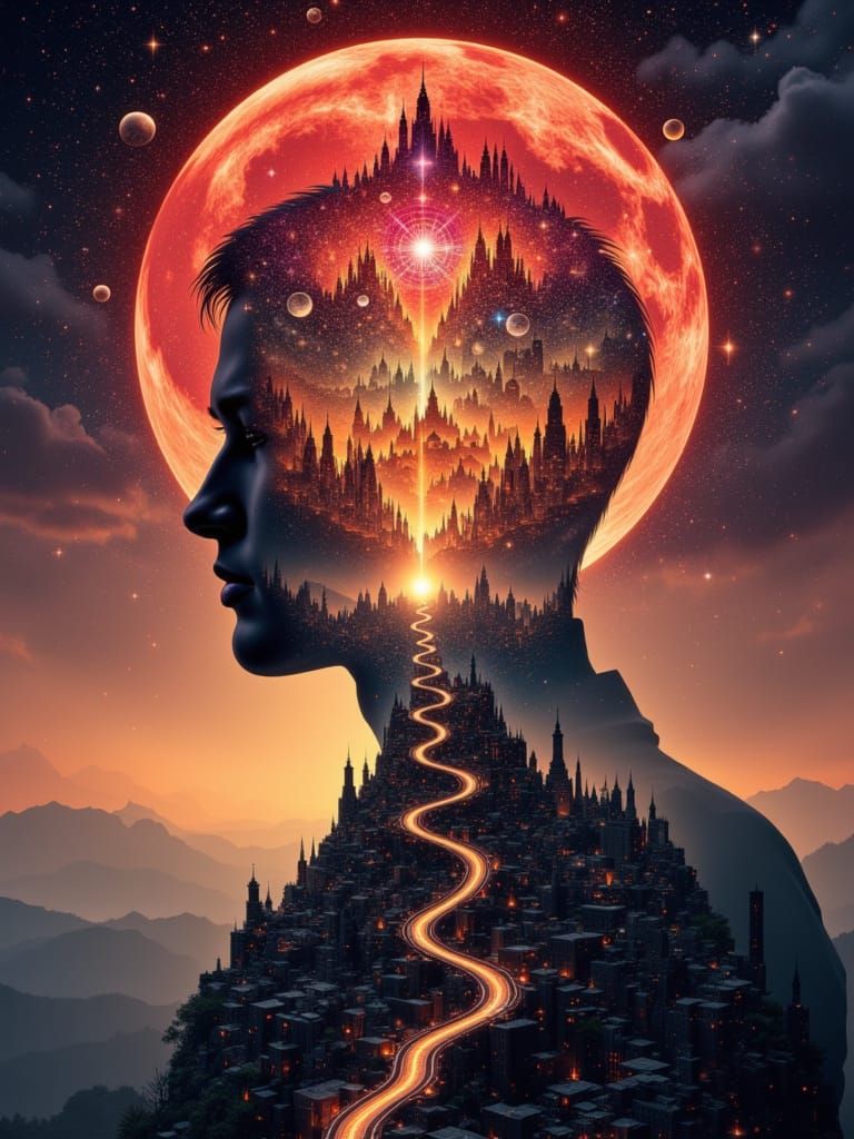 <lora:Dublex-Flux:1.0> Looking at the viewer Double exposure Surreal image of a juxtaposed man's silhouette against the blood moon, inlaid w...