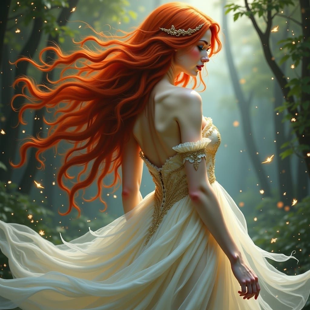 <lora:Flowing red hair:1.0> A mystical, ethereal woman with flowing red hair and iridescent skin, adorned in a diaphanous, starlight-infused...