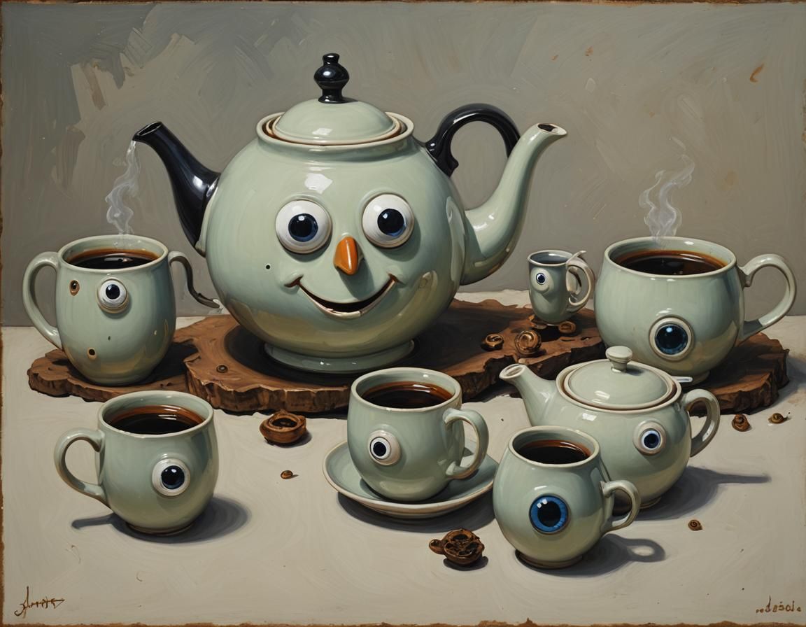 Teapot and mugs with googly eyes, oil painting by James Gurn...