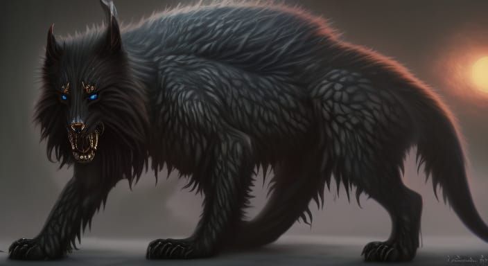 An alpha fenrir wolf. Pitch black fur with 6 silver lines of furl, 3 ...