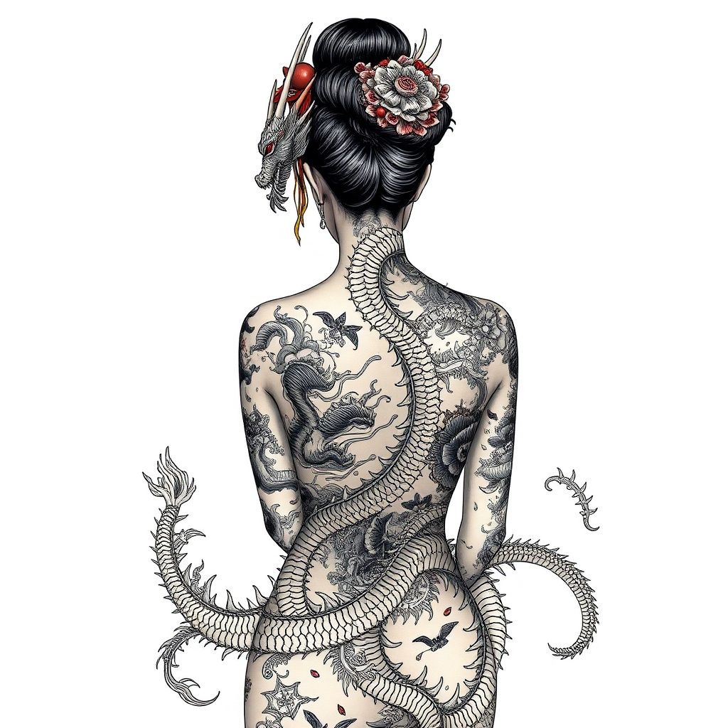 GEISHA TATTOOED WITH A DRAGON COVERING HER BACK.