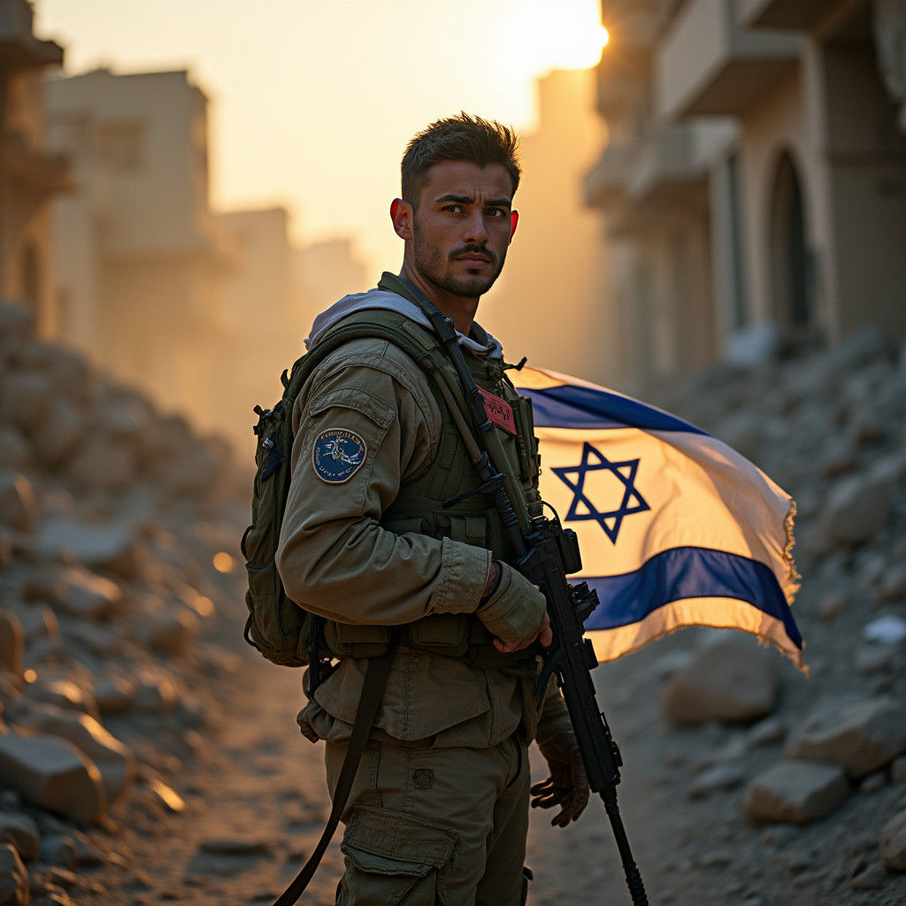 חייל ישראלי עומד על רקע הריסות.