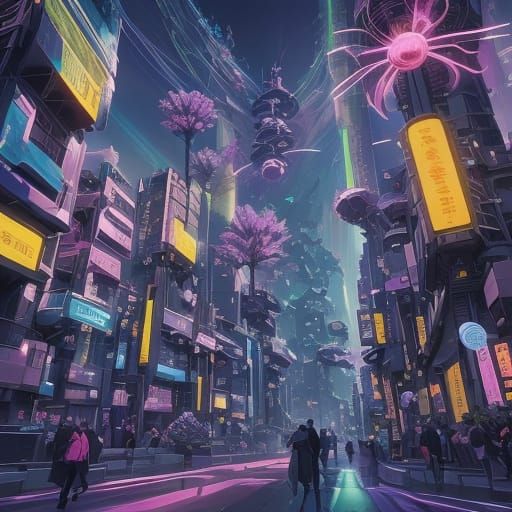 Glowing Futuristic Cityscape in Syd Mead and Gustav Klimt St...
