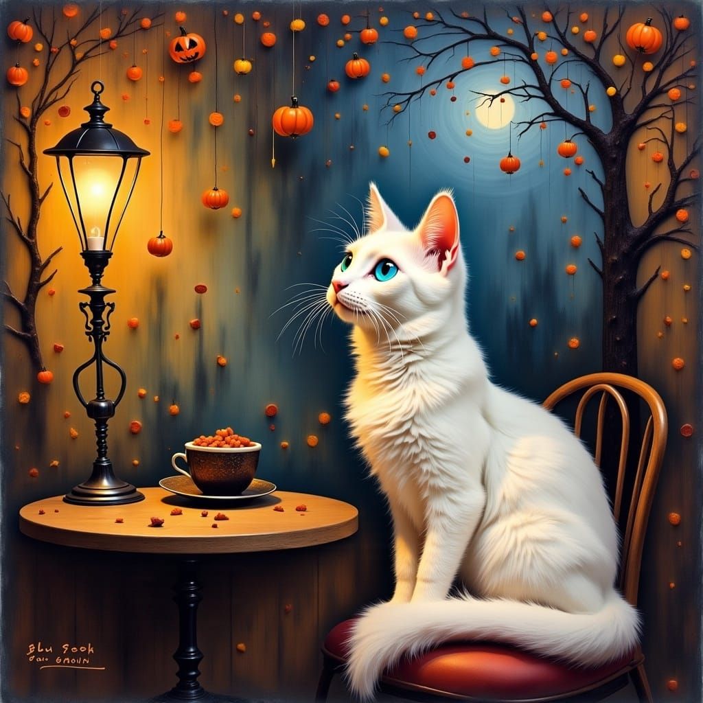 A strikingly beautiful white cat with textured fur <lora:Magicute 2:1.0> sitting in a cosy Halloween decorated cafe.  Warm cosy lighting. cu...