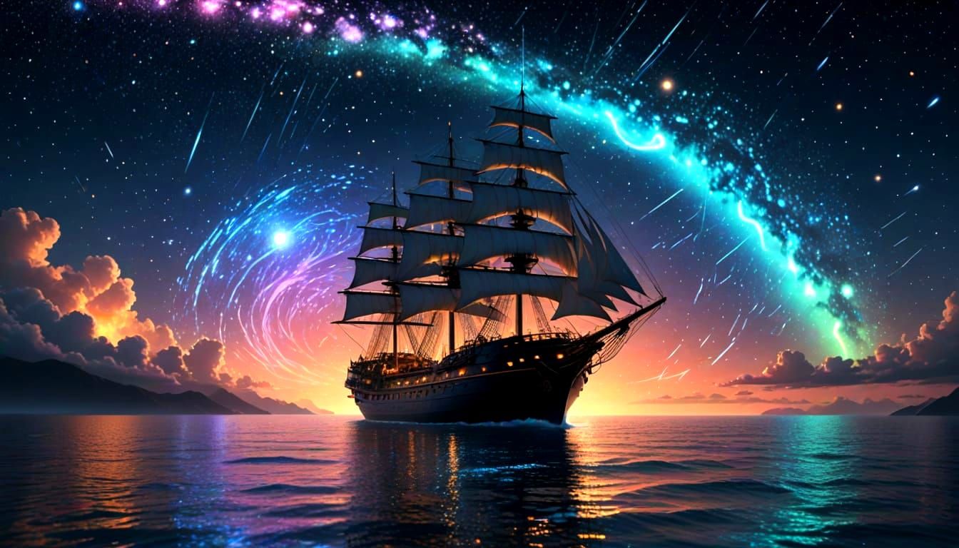 A majestic ship sails across a calm ocean under a breathtaking sky filled with ...  by @Solfreedom