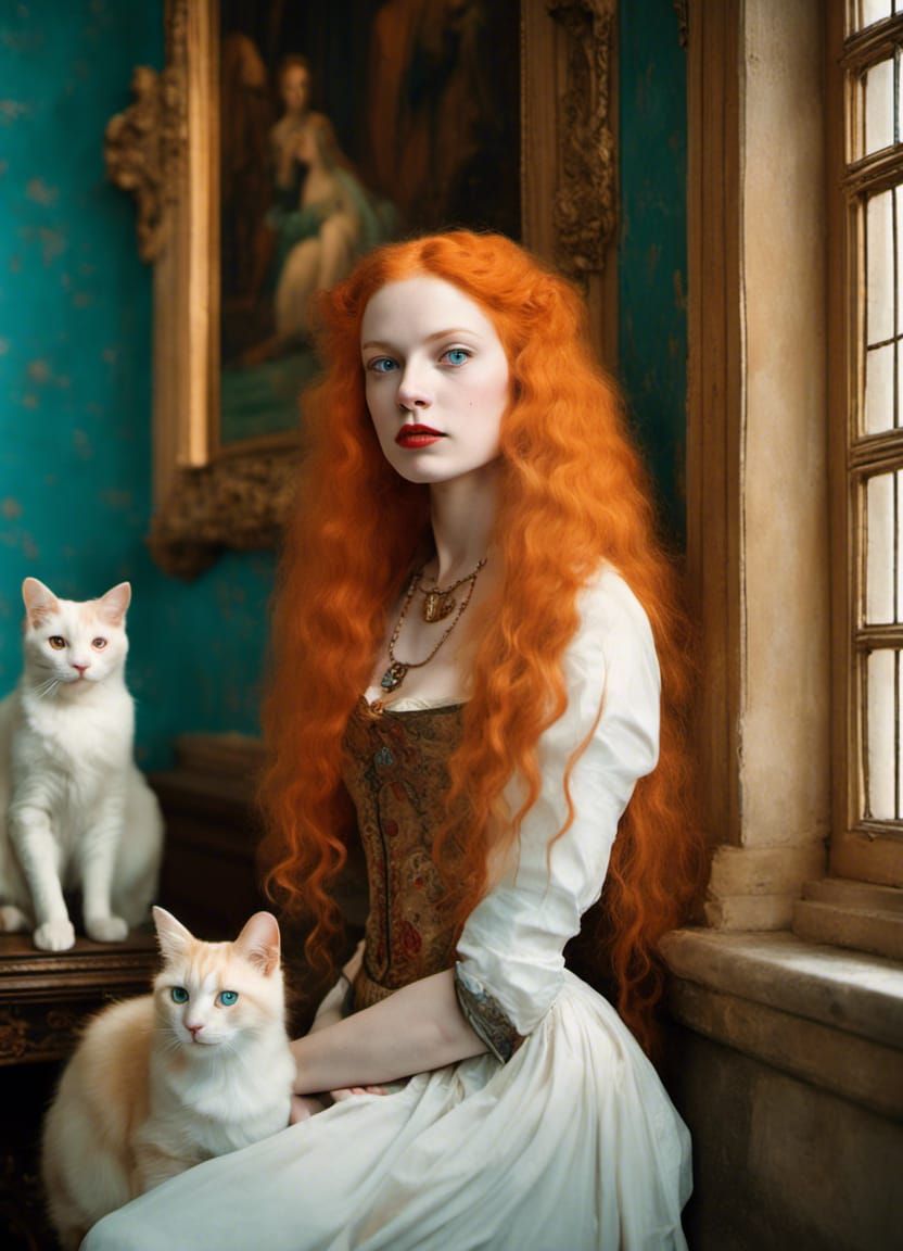 Photography of a young albino woman in preraphaelite style, with a long ...