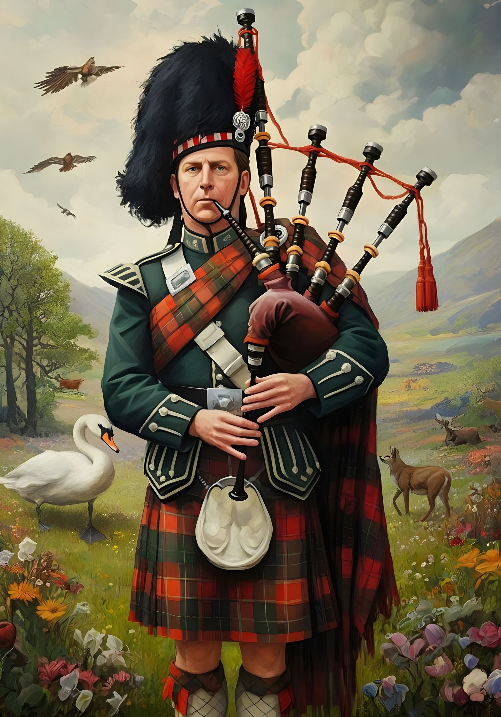 Scots bagpiper in Full Highland Dress  by @Gary Murakami