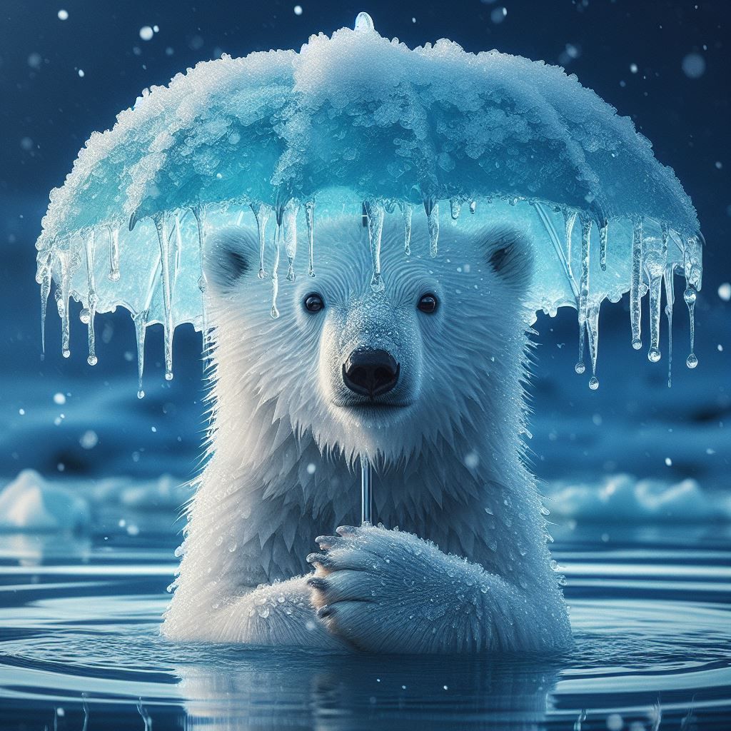 Cute little Polar bear holding icy umbrella