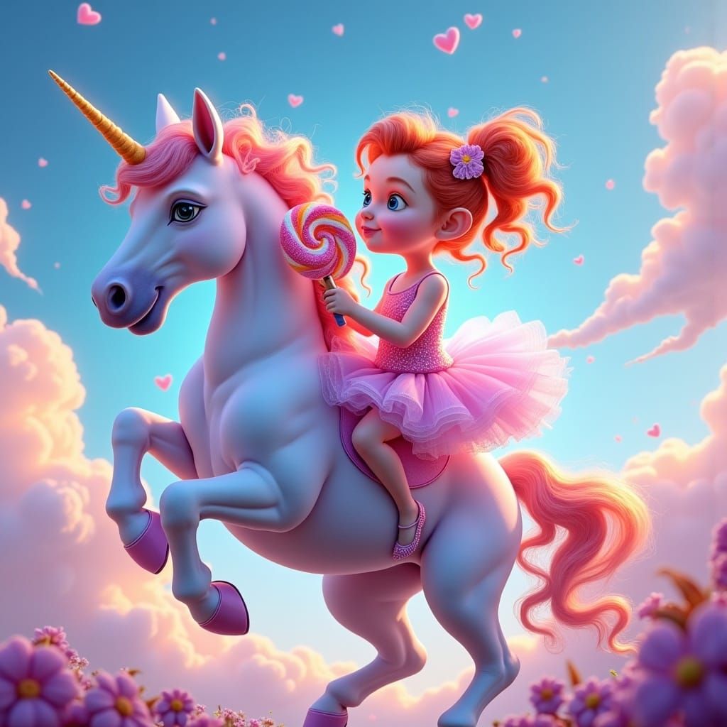 <lora:Lolli:1.0> is a little redhair girl. She is riding an unicorn and licks a lollipop